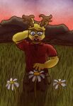  anthro antlers backlighting blonde_hair blue_eyes bottomwear brown_antlers cargo_pants cervine clothed clothing cloud deer field flower freckles fur grass green_bottomwear green_clothing green_pants hair hand_behind_head head_tuft hi_res horn jackalope kneeling lagomorph light lighting looking_down male mammal mountain mountainside muscular muscular_anthro muscular_male open_mouth orange_sky outside pants plant pockets polo_shirt poofy_hair purple_sky reaching red_clothing red_shirt red_topwear shirt solo sunset tan_muzzle teeth theroyaloscar topwear tuft white_flower yellow_body yellow_fur 