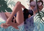  1girl absurdres animal_ears arknights arm_up armpits barefoot black_one-piece_swimsuit breasts carnelian_(arknights) carnelian_(shimmering_dew)_(arknights) casual_one-piece_swimsuit feet goat_ears goat_girl goat_horns grey_hair hammock hand_on_own_knee highres horns kokawaaokawa looking_at_viewer lying medium_breasts official_alternate_costume on_back one-piece_swimsuit parted_lips red_eyes short_hair smile solo swimsuit thighlet toes 