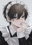  1boy apron blue_eyes blush brown_hair cigarette earrings fingernails hair_between_eyes highres holding holding_cigarette jewelry looking_at_viewer maid maid_apron maid_headdress male_focus original short_hair smile solo sosaku_25 upper_body 