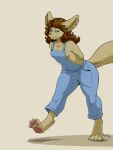  3:4 4_toes anthro breasts brown_eyes brown_hair canid canine clothed clothing eyewear feet female fennec fox fur glasses hair hi_res mammal maya_(nightfaux) nightfaux overalls pawpads pink_nose pink_pawpads side_boob small_breasts solo tail tan_body tan_fur toes trans_(lore) trans_woman_(lore) walking 