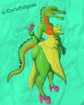 absurd_res anthro blush clothed clothing darkgalgani dinosaur dress drunk female footwear hi_res high_heels reptile scalie smile solo spines spinosaurid standing substance_intoxication suchomimus_(species) suggestive taller_female theropod 