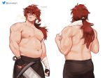  1boy abs alternate_muscle_size ass bara belly blush diluc_(genshin_impact) english_text genshin_impact highres holding holding_sword holding_weapon large_pectorals long_hair looking_up male_focus multiple_views muscular muscular_male navel nipples pectorals ponytail red_hair stomach sweat sweatdrop sword thick_eyebrows topless_male varant_art veins veiny_arms weapon white_background 