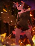  3:4 3d_(artwork) absurd_res anthro anthrofied bare_shoulders bottomwear clothing digital_media_(artwork) embers equid equine female friendship_is_magic fur hair hasbro hi_res horn hotpants mammal melee_weapon my_little_pony purple_body purple_fur purple_hair shorts solo steamyart sweater sword topwear twilight_sparkle_(mlp) unicorn weapon 