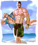  2boys alternate_costume bara beard brown_hair carrying carrying_person chris_redfield facial_hair feet_out_of_frame gge_(gebback_dark) hawaiian_shirt large_pectorals leon_s._kennedy looking_at_viewer male_focus male_swimwear mature_male multiple_boys muscular muscular_male pectorals resident_evil resident_evil_4 scar shirt short_hair standing stubble sunglasses swim_trunks yaoi 