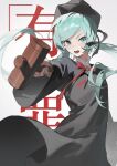  1girl absurdres aqua_eyes aqua_hair black_dress black_headwear black_ribbon dress gavel grey_background hair_ribbon hat hatsune_miku highres holding jiu_ye_sang long_hair long_sleeves looking_at_viewer neck_ribbon open_mouth red_ribbon ren&#039;ai_saiban_(vocaloid) ribbon simple_background solo twintails vocaloid wide_sleeves 