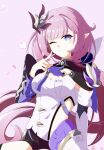  1girl ;) absurdres black_shorts blue_eyes breasts cleavage closed_mouth commentary_request eight_(eight3rd1) elysia_(honkai_impact) elysia_(miss_pink_elf)_(honkai_impact) floating_hair hand_up heart highres honkai_(series) honkai_impact_3rd long_hair long_sleeves looking_at_viewer medium_breasts one_eye_closed petals pink_background pink_hair short_shorts shorts simple_background smile solo very_long_hair wide_sleeves 
