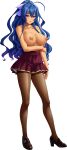  1girl absurdres ahoge arm_grab blue_hair breasts full_body high_heels high_ponytail highres huge_breasts kurono_tomoaki kutsujoku long_hair miniskirt nipples non-web_source official_art open_mouth pantyhose pleated_skirt purple_eyes red_skirt skirt solo standing tachi-e topless toujou_mahiro transparent_background wavy_hair 