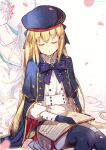  1girl artoria_caster_(fate) artoria_caster_(second_ascension)_(fate) artoria_pendragon_(fate) belt beret black_gloves black_pantyhose blonde_hair blue_belt blue_bow blue_cloak blue_headwear blush book bow buttons cloak closed_eyes closed_mouth collar collared_shirt fate/grand_order fate_(series) flower gem gloves green_gemstone hair_between_eyes hair_bow hat highres holding holding_book long_hair long_sleeves open_mouth ornament pantyhose petals pink_flower purple_bow shirt sitting skirt sleeping sword weapon white_shirt white_skirt worrisorochi 