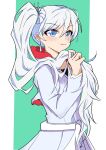  absurdres bakuma blue_eyes closed_mouth dress earrings green_background hair_ornament highres holding_own_hair jacket jewelry long_hair multicolored_background ponytail rwby sash scar scar_across_eye weiss_schnee white_background white_dress white_hair 