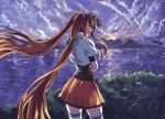  1girl brown_eyes brown_hair cropped_jacket eiyuu_densetsu estelle_bright fingerless_gloves gloves grass highres kivavis lake long_hair mountain mountainous_horizon painting_(medium) skirt smile solo sora_no_kiseki standing sunset traditional_media twintails very_long_hair water watercolor_(medium) 