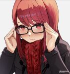  1girl adjusting_eyewear black-framed_eyewear black_jacket blush closed_mouth glasses highres jacket lips long_hair long_sleeves looking_at_viewer persona persona_5 persona_5_the_royal pink_lips pppppknw red_eyes red_hair red_scarf scarf simple_background solo twitter_username white_background yoshizawa_sumire 