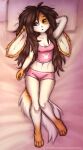  anthro bed clothing elronya fan_character female freckles furniture hair hi_res lagomorph leporid long_hair long_tail lying mammal rabbit ronya solo suvi_(elronya) tail underwear 