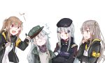  404_(girls&#039;_frontline) 404_logo_(girls&#039;_frontline) 4girls armband beret brown_hair closed_eyes crossed_arms g11_(girls&#039;_frontline) girls&#039;_frontline green_eyes grey_hair hair_ornament hat hk416_(girls&#039;_frontline) holding holding_marker jacket kurik_07 long_hair marker multiple_girls nose_bubble one_side_up scar scar_across_eye scar_on_face siblings sisters sleeping sleeping_upright smile twintails ump45_(girls&#039;_frontline) ump9_(girls&#039;_frontline) yellow_armband 