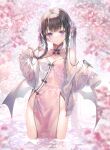  1girl :o animal bare_shoulders bird black_hair braid cherry_blossoms china_dress chinese_clothes dress duplicate flower hair_flower hair_ornament hands_up highres holding holding_hair hummingbird jacket long_hair long_sleeves looking_at_viewer miwabe_sakura open_clothes open_jacket original pink_dress pink_thighhighs pixel-perfect_duplicate purple_eyes sleeveless sleeveless_dress solo standing thighhighs twin_braids twintails water white_jacket 