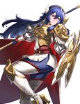  1girl absurdres armor blue_bodysuit blue_eyes blue_hair bodysuit burnt_green_tea cape fire_emblem fire_emblem_awakening fire_emblem_heroes hairband high_heels highres holding holding_polearm holding_shield holding_weapon looking_back lucina_(brave_princess)_(resplendent)_(fire_emblem) official_alternate_costume polearm red_cape shield shoulder_armor smile solo thighhighs weapon white_background wing_hair_ornament 
