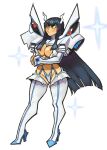  1girl absurdres armor black_hair blunt_bangs breasts center_opening cleavage crossed_arms eduedude elbow_gloves fake_horns frown full_body garter_straps gloves highres horns junketsu kamui_(kill_la_kill) kill_la_kill kiryuuin_satsuki living_clothes long_hair medium_breasts navel pauldrons revealing_clothes shoulder_armor sidelocks simple_background solo star_(symbol) thick_eyebrows thick_thighs thighhighs thighs white_gloves white_thighhighs 