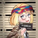  1girl :d barbie_mugshot_(meme) black_ribbon blonde_hair blue-eyes_white_dragon blue_eyes blush brown_coat coat commentary earrings english_commentary glasses half-closed_eyes heart heart_earrings hololive hololive_english jewelry meme plaid_coat ribbon shirt short_hair smile solo teeth trashris upper_teeth_only visor_cap watson_amelia watson_amelia_(2nd_costume) white_shirt 