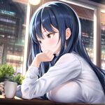  1girl artist_name blue_hair boku_no_kokoro_no_yabai_yatsu breast_rest breasts breasts_on_table brown_eyes cup dark_blue_hair dated elbow_rest fluno highres indoors large_breasts long_hair rain shirt sitting solo teacup upper_body wet wet_clothes wet_shirt white_shirt window yamada_anna 