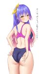  1girl :3 absurdres adjusting_clothes adjusting_swimsuit ass back bare_shoulders blue_hair blue_nails blush breasts closed_mouth commentary_request competition_swimsuit cowboy_shot eyelashes eyes_visible_through_hair from_behind gradient_hair hair_between_eyes hairband highres kohibari_kurumi long_hair looking_at_viewer looking_back medium_breasts multicolored_hair nail_polish ncontrail_(mgax7527) one-piece_swimsuit pink_hair purple_one-piece_swimsuit ribbon shy simple_background solo standing swimsuit tenshi_souzou thighs translation_request two-tone_swimsuit wavy_hair wet wet_clothes wet_swimsuit white_background yellow_eyes yellow_hairband yellow_nails yellow_ribbon 