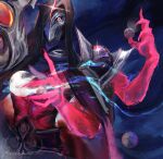  1boy armor artist_name cape colored_skin dark_cosmic_jhin extra_arms glowing glowing_eye highres holding_orb hood hood_up jhin league_of_legends looking_at_viewer male_focus mask official_alternate_costume orbited planet red_eyes red_skin rishh39 shoulder_armor solo space upper_body 
