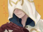  1boy cloak closed_mouth faceless faceless_male fire_emblem fire_emblem_heroes gloves hood hood_up hooded_cloak kiran_(male)_(fire_emblem) leather leather_gloves orange_background own_hands_together portrait smile yuuyou_(link1357zelda) 