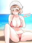  1girl beach bikini blue_sky blunt_bangs breasts brown_eyes brown_hair cleavage cloud commentary_request dated day furaggu_(frag_0416) glasses highres horizon kantai_collection large_breasts ocean one-hour_drawing_challenge outdoors pince-nez red_bikini roma_(kancolle) sky solo spread_legs swimsuit twitter_username wavy_hair 