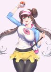  1girl black_pantyhose blue_eyes blush breasts brown_hair collarbone double_bun doughnut_hair_bun hair_bun highres large_breasts long_hair long_sleeves looking_at_viewer open_mouth pantyhose pantyhose_under_shorts pokemon pokemon_(game) pokemon_bw2 raglan_sleeves rosa_(pokemon) shirt short_shorts shorts smile solo thighs twintails unaligned_breasts visor_cap yellow_shorts zucchini 