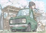  1boy 1girl axe beanie beard black_headwear blue_sky brown_hair car cherry_blossoms chibi dog driving facial_hair falling_petals from_below glasses grass green_car hat holding leaning_against_vehicle log mazda mazda_porter_cab motor_vehicle on_ground original outdoors petals rabienu rust shadow sky sweater tree truck vehicle_focus 