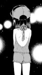  1girl ass backless_outfit bare_shoulders baseball_cap black_hair facing_away greyscale hat highres kikai_(akita_morgue) monochrome original solo 