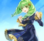  1girl drill_hair fire_emblem fire_emblem:_three_houses flayn_(fire_emblem) garreg_mach_monastery_uniform green_eyes green_hair hair_ornament hairclip hands_up highres jurge looking_at_viewer open_mouth smile solo swept_bangs twin_drills 