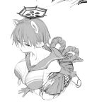  1girl animal_ears blue_archive breast_curtain breasts commentary_request gloves greyscale kneeling large_breasts looking_at_viewer momokumo monochrome raccoon_ears raccoon_girl rope sailor_collar shimenawa short_hair sketch skirt solo tsubaki_(blue_archive) 