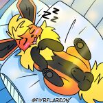  animal_genitalia balls belly black_belly black_body black_fur black_paws blush eeveelution feral fiyrflareon flareon fur fyre generation_1_pokemon genitals male nintendo orange_body orange_fur pawpads pillow pokemon pokemon_(species) sheath sleeping solo yellow_body yellow_fur 