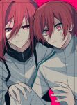  2boys age_comparison blue_lock chigiri_hyoma closed_mouth collared_jacket highres jacket knee_up long_hair long_sleeves male_focus multiple_boys natsuneco_02 pink_background red_eyes red_hair short_hair sweatdrop upper_body white_jacket 