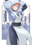  1girl arms_up blue_eyes blush breasts grey_pants highres hood hood_up large_breasts orange_hair pants pokemon pokemon_(game) pokemon_bw pole short_hair smile solo tabard team_plasma team_plasma_grunt team_plasma_logo team_plasma_uniform teodoorap thighs white_background white_tabard 