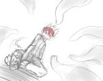  anthro blush front_view hair kuttoyaki looking_at_viewer male partially_colored red_eyes red_hair simple_background sitting sketch solo tentacles 