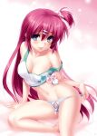  1girl :p arm_support bare_shoulders barefoot blue_eyes blush bra breasts cleavage closed_mouth collarbone covered_nipples curvy double-parted_bangs eyelashes eyes_visible_through_hair groin hair_between_eyes hair_bobbles hair_down hair_ornament hairclip head_tilt highres little_busters! long_hair looking_at_viewer medium_breasts navel no_bra non-web_source off_shoulder one_side_up panties panty_pull pink_background pulled_by_self purple_hair saigusa_haruka shiny_skin simple_background sitting smile solo stomach strap_slip tareme thighs tongue tongue_out underwear very_long_hair white_background white_bra white_panties yokozuwari zen_(kamuro) 