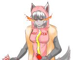  animal_ears animal_hands annoyed artist_request black_fur black_sclera black_skin breasts claws colored_sclera colored_skin cowboy_shot dog_ears dog_girl dog_paws dog_tail flaming_eye flaming_eyes grey_skin hellhound_(monster_girl_encyclopedia) highres hot_dog_costume meme monster_girl monster_girl_encyclopedia tail 