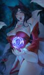  1girl absurdres ahri_(league_of_legends) animal_ears bare_shoulders black_hair blurry blurry_background breasts cleavage cocoro_moto cowboy_shot detached_sleeves facial_mark fox_ears fox_tail hair_ribbon hand_up highres large_breasts league_of_legends long_hair looking_at_viewer magic multiple_tails open_mouth orange_eyes ribbon shiny_skin solo tail teeth whisker_markings 