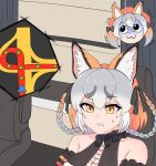  1girl animal_ears bare_shoulders dress driving extra_ears fox_ears fox_girl grey_hair highres island_fox_(kemono_friends) kanihai kemono_friends kemono_friends_v_project long_hair microphone motor_vehicle multicolored_hair orange_hair ribbon sundress sweat tengt_e truck two-tone_hair virtual_youtuber yellow_eyes 