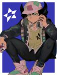  1boy a_(poipiku_325815) baseball_cap black_hair black_jacket black_pants blue_background border closed_mouth collared_shirt commentary_request flipped_hair giacomo_(pokemon) hand_on_headphones hand_up hat headphones headphones_around_neck holding holding_poke_ball jacket knees_up long_sleeves looking_at_viewer male_focus open_clothes open_jacket pants poke_ball pokemon pokemon_(game) pokemon_sv shirt shoes short_hair sitting sneakers solo sweater white_border white_footwear white_headwear white_shirt yellow_sweater 