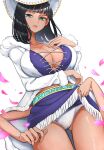  1girl absurdres black_hair blue_eyes breasts clothes_lift coat commentary_request commission extra_arms highres kasumi_6 large_breasts looking_at_viewer nico_robin one_piece petals pixiv_commission purple_skirt short_hair skirt skirt_lift solo tan white_coat white_headwear 