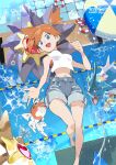  1girl :d barefoot blue_eyes clenched_hand diving diving_board e_volution eyelashes falling from_above goldeen gyarados legs misty_(pokemon) navel one_side_up open_mouth orange_hair pokemon pokemon_(creature) pokemon_(game) pokemon_lgpe pool psyduck seaking shirt shorts sleeveless sleeveless_shirt smile sparkle starmie staryu tongue water water_drop white_shirt 