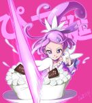  1girl 2018 :p asymmetrical_clothes cake chocokin commentary_request cure_sword dated detached_sleeves dokidoki!_precure dress earrings eyelashes food food_on_face hair_ornament hairclip happy jewelry kenzaki_makoto magical_girl medium_hair pink_background ponytail precure purple_dress purple_eyes purple_hair purple_theme simple_background smile solo tongue tongue_out translation_request 
