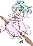  1girl :o blue_hair botan_(yu_yu_hakusho) full_body japanese_clothes kimono long_hair looking_at_viewer open_mouth ponytail purple_eyes simple_background sitting socks solo tamiya_akito white_background yu_yu_hakusho 