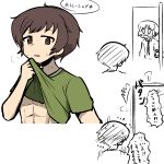  2boys abs adapted_costume akiyama_yukari blush brown_eyes brown_hair closing_door clothes_lift commentary cropped_torso dress_shirt flying_sweatdrops genderswap genderswap_(ftm) girls_und_panzer green_shirt highres lifted_by_self looking_at_another male_focus messy_hair multiple_boys muscular muscular_male necktie nishizumi_miho ooarai_school_uniform partially_colored ponita-poniponi school_uniform shirt shirt_lift short_hair short_sleeves t-shirt translated wiping_sweat 