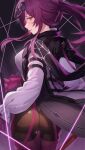  1girl ass black_jacket blush breasts eyewear_on_head gloves high-waist_shorts highres honkai:_star_rail honkai_(series) jacket kafka_(honkai:_star_rail) large_breasts long_hair long_jacket long_sleeves looking_at_viewer mutenka_(plfgb) pantyhose pantyhose_under_shorts purple_eyes purple_gloves purple_hair purple_pantyhose round_eyewear shirt shorts smile solo sunglasses thigh_gap white_shirt 