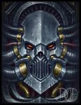  1boy armor black_border border breastplate cable close-up david_haire full_armor glowing glowing_eyes gold_trim gorget helm helmet highres looking_at_viewer perturabo power_armor primarch red_eyes signature solo tube warhammer_40k 