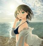  1girl artist_name backlighting bikini black_bikini black_hair blue_sky breasts cloud cloudy_sky day from_side green_eyes halterneck hand_in_own_hair highres horizon lens_flare long_sleeves looking_at_viewer medium_breasts ocean off_shoulder open_mouth original osumi_izumi outdoors shirt short_hair signature sky smile solo sun swimsuit white_shirt wind 