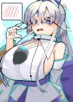  1girl absurdres blurry blurry_background blush breasts detached_sleeves hat highres kaitojaja19980520 long_eyebrows long_hair looking_at_viewer mini_hat mononobe_no_futo shirt sideboob signature simple_background solo speech_bubble touhou white_hair white_shirt 