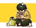  bandana black_footwear dog eating fang food hibiki_ryouga instant_ramen noodles on_floor ramen ranma_1/2 shadow simple_background size_difference wanta_(futoshi) yellow_background yellow_bandana 